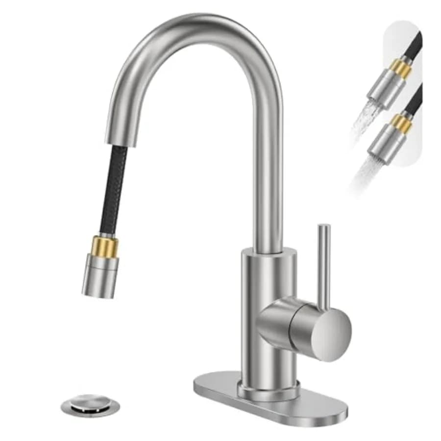 Rubinetto da Bagno con Doccetta Estraibile ad Arco Alto, Monocomando, con Scarico a Scomparsa, 1 o 3 Fori, 2 Modelli, per Camper, Bar, Lavanderia, Uso Domestico