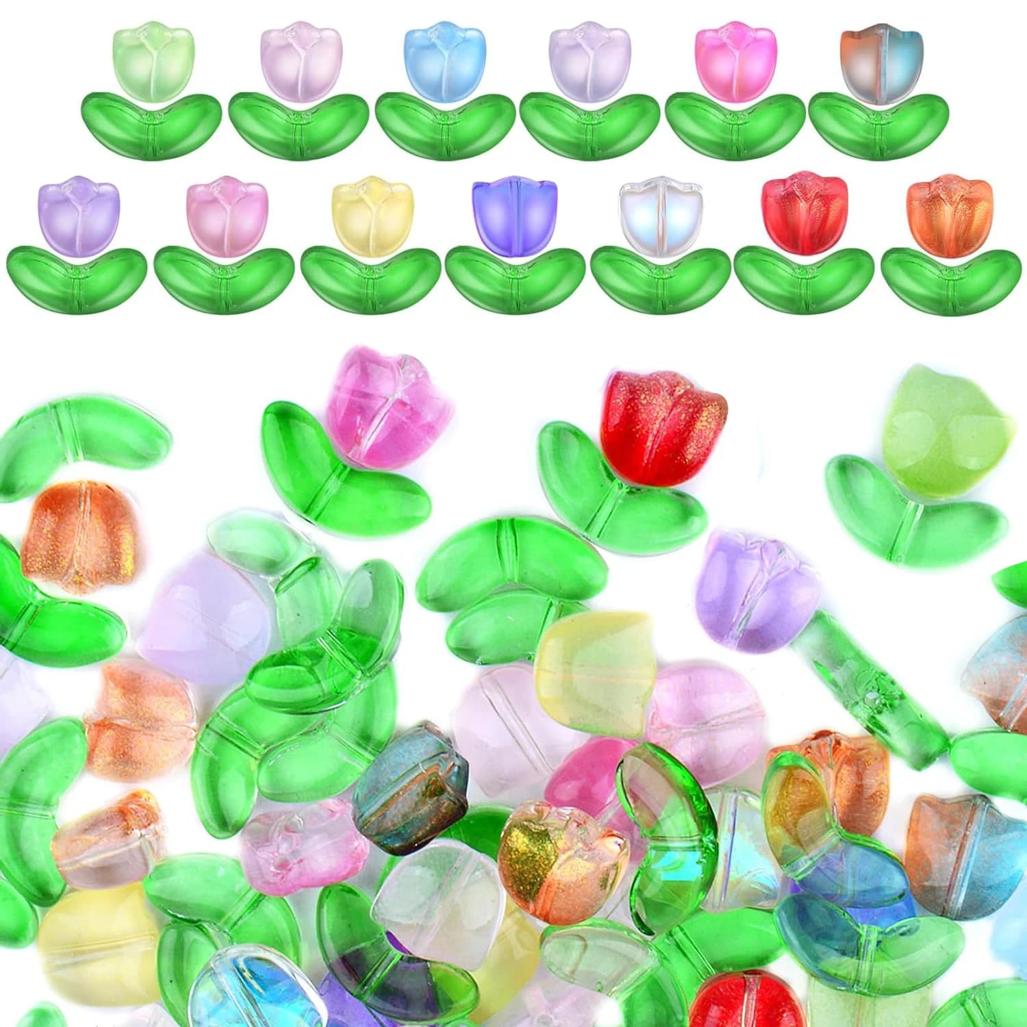 100 Pezzi di Perline a Forma di Tulipano Traslucido, Perline Distanziatrici in Vetro Artigianali, Perline di Cristallo a Forma di Fiore per Braccialetti e Orecchini Fai-da-Te