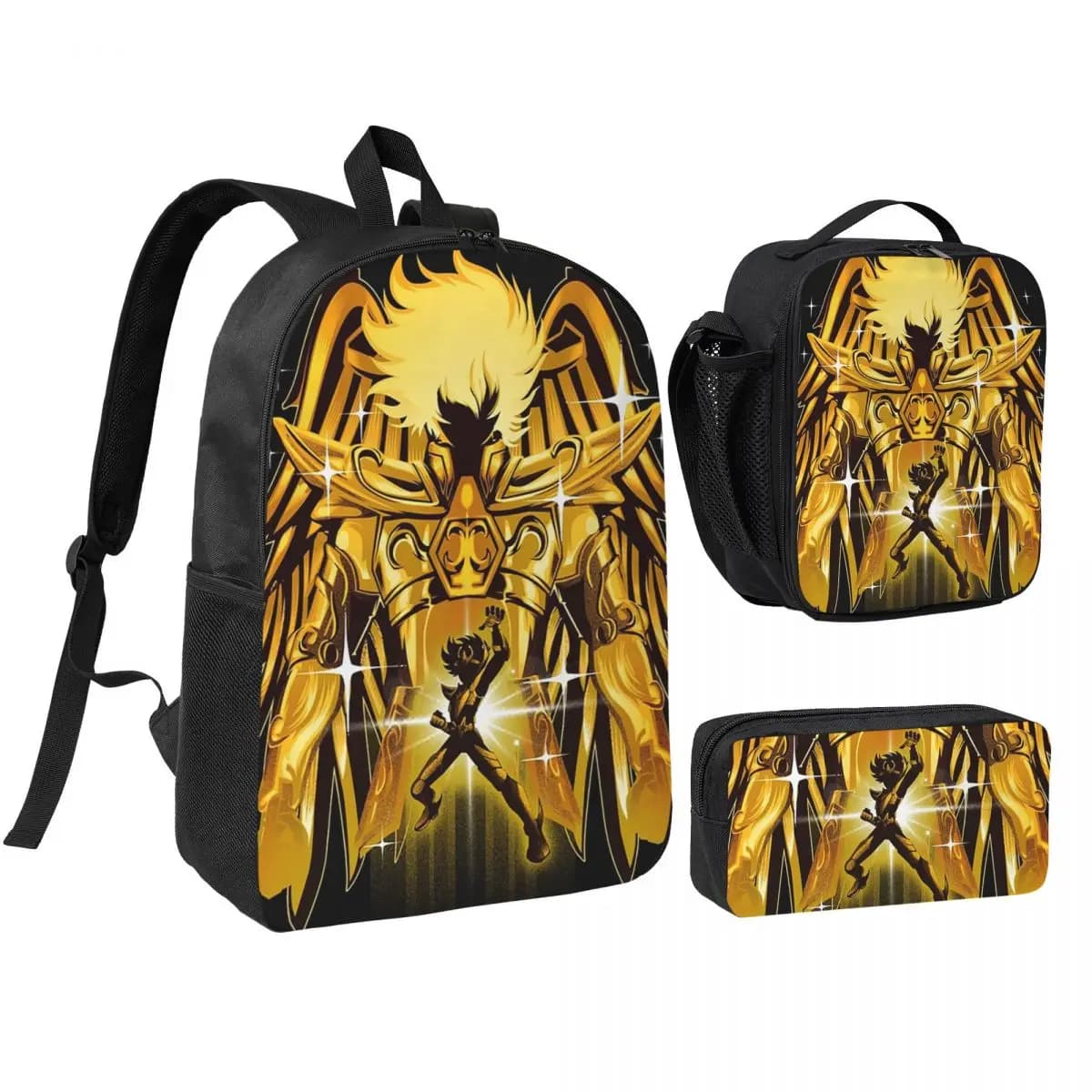 Zaino Knights Of The Zodiac Pegasus Gold per ragazzi e ragazze, borsa per libri, borsa da scuola, borse a tracolla, 3 pezzi, borsa termica per il pranzo, astuccio per matite