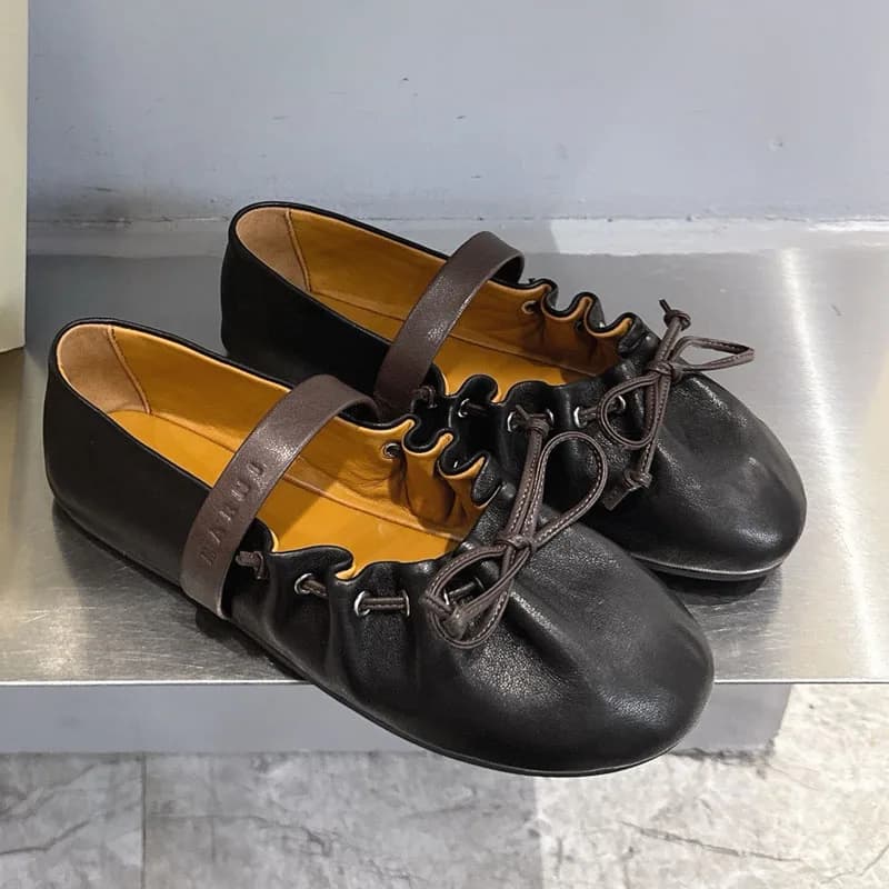 Mary Jane ballet shoes with high quality pleated bow buckle Low real leather shoes 2026 New fashion casual shoes