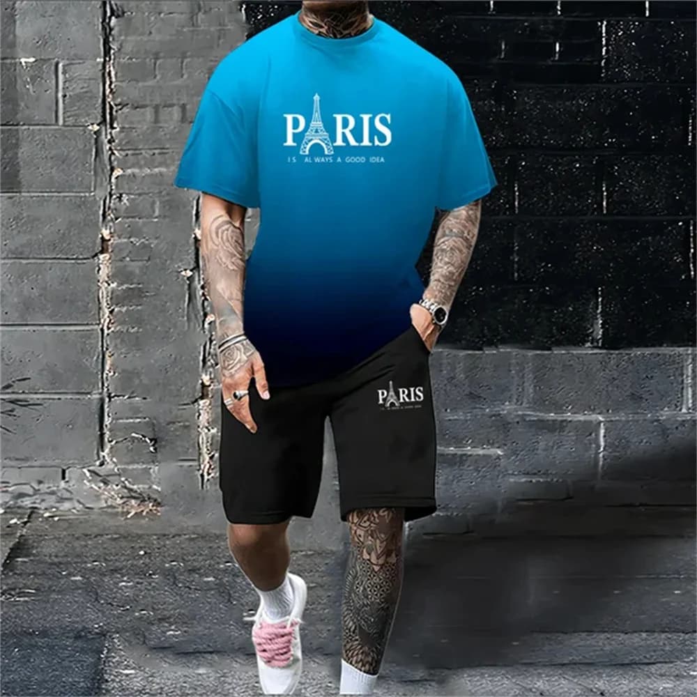 New Men's Summer Set, Large Size, 3D Printing with Written Paris, Casual and Comfortable T-shirt with Round Neck and Sleeves Court Style Y2K