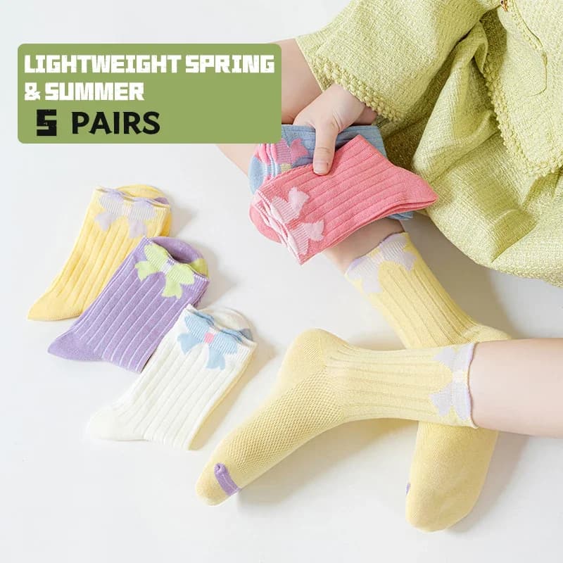 5 Pairs Cute Butterfly Knot Kids Socks Spring Summer Thin Short Colorful Dopaamine Mid-Calf Socks for Girls Pink