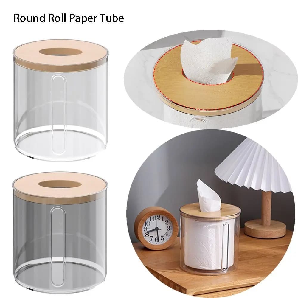 Scatola per fazzoletti con coperchio in legno creativo Scatola di immagazzinaggio semplice Scatole per fazzoletti trasparenti Contenitore per rotoli di carta igienica Tubo di carta in rotolo rotondo