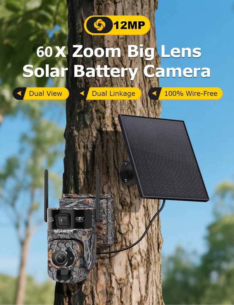 Telecamera di Sicurezza Solare INQMEGA 12MP 4G/WiFi con Zoom 60X, Telecamera PTZ da Esterno Mimetica con Batteria, Telecamera di Sorveglianza CCTV Solare con App Ubox