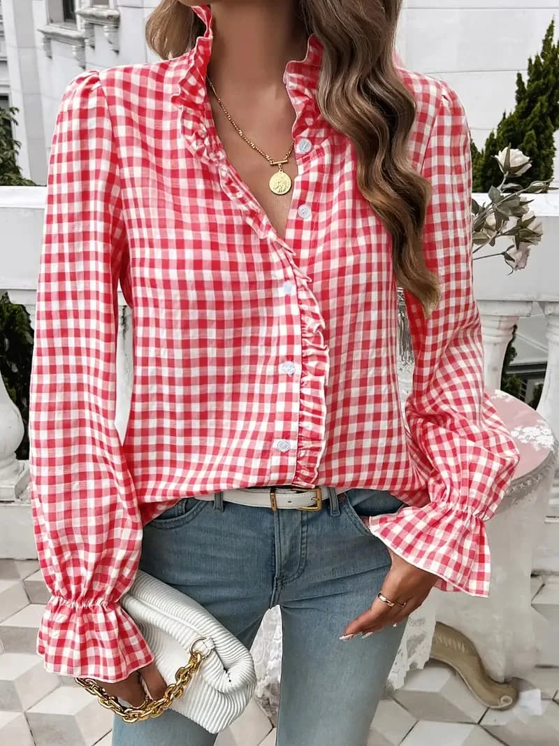 Spring Autumn Women's V-neck Plaid Lace Shirt French Fashion Elegant Long Sleeve Blouses