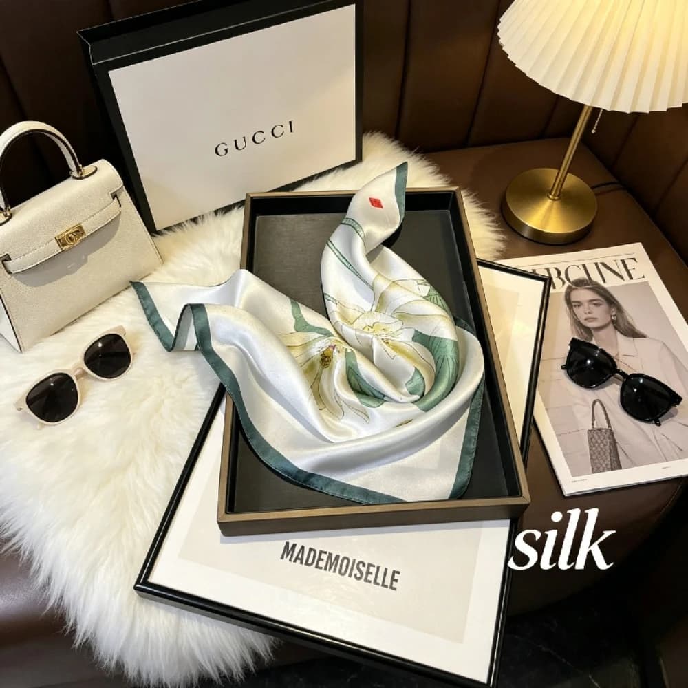 Camellia Silk Long Scarf Versatile Mulberry Silk Silk Scarf Scarf Sunscreen Small Shawl French Headrope Small Square Scarf