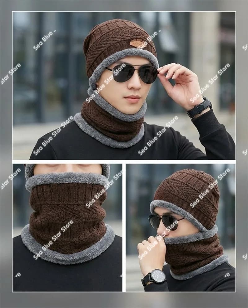 Cappello copricollo in due pezzi invernale da uomo in pile ispessito lavorato a maglia in cotone e lana, cappello pullover antivento