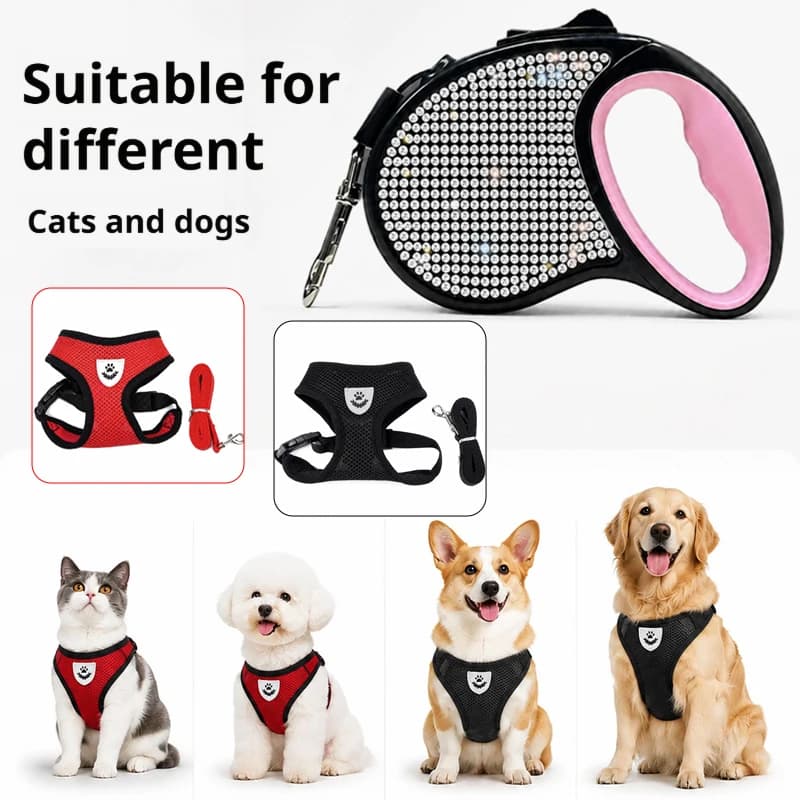 Diamond-Embellished Pet Retractable Leash and Harness Set, Breathable Vest-Style Dog Walking Leash Three-Piece Set for Small and
