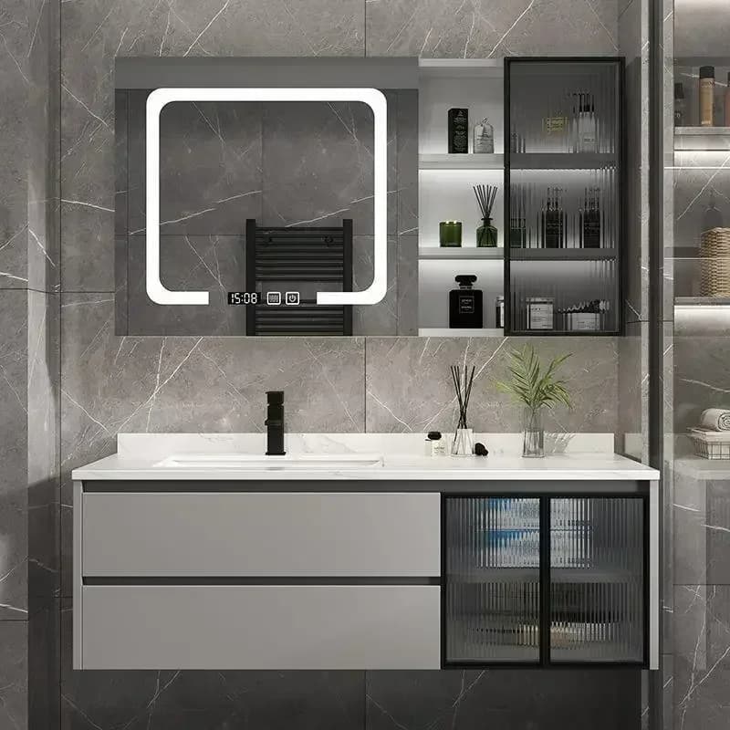 Vanity Lavandino Set di mobili da bagno Specchio leggero salvaspazio Organizzatori moderni Organizzatore di mobili di stoccaggio Trucco doppio di lusso