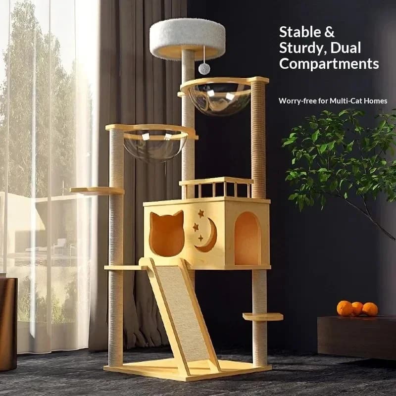 Sturdy Wooden Cat Tree Tower Multi-Level Condo with Scratching Post & Space Capsule Bed Indoor Cats Playful Toy