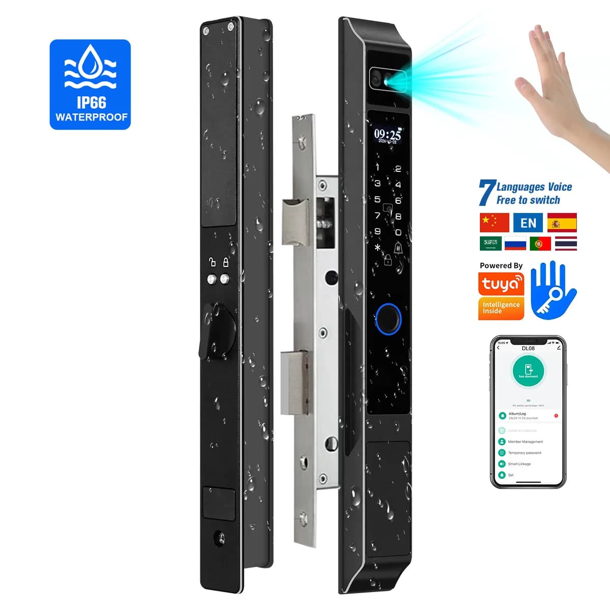 Serratura sottile esterna Impermeabile Riconoscimento facciale 3D Smart Lock Tuya Porta scorrevole in alluminio Impronta digitale Password Cad Palm Sblocco