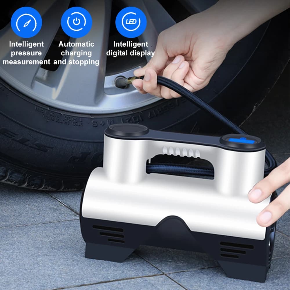 Compressore d'aria per auto 150PSI 35L/min, pompa elettrica portatile da 100W per gonfiaggio pneumatici auto, moto e biciclette.