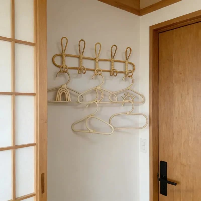 Appendiabiti da parete in rattan a 5 ganci, organizer per vestiti e cappelli per bambini, decorazione per la cameretta, uso domestico quotidiano.