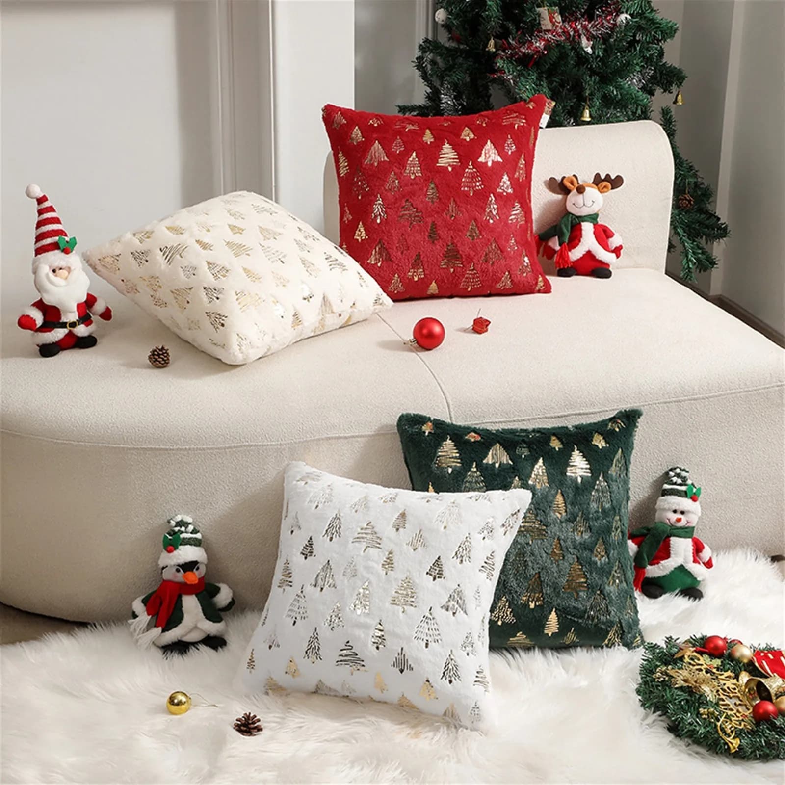 Federe in peluche con stampa lamina Modello albero di Natale Fodera per cuscino decorativa morbida Accessori per divani Federa Decorazioni per la casa