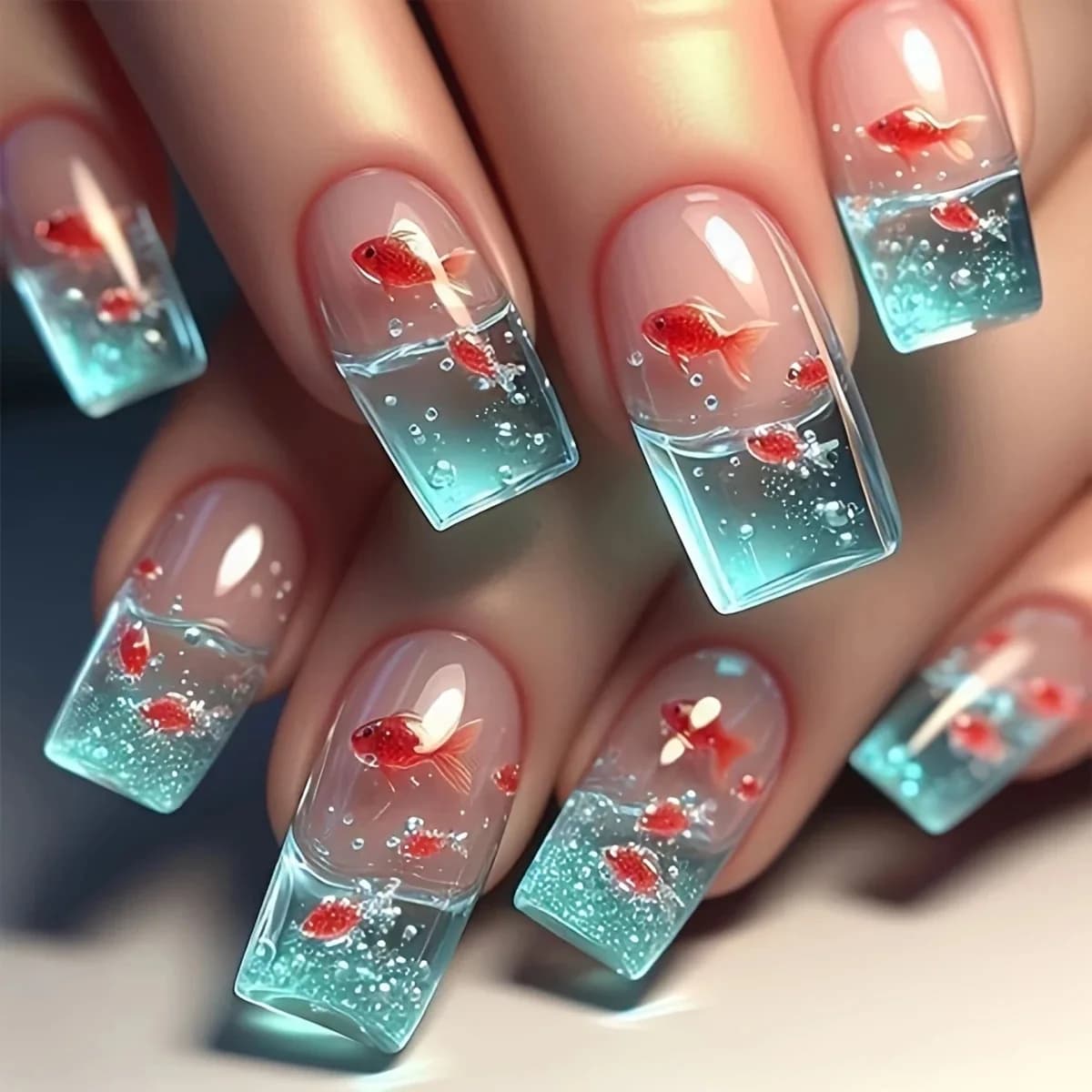 Medium length square fake nails for woman, summer, blue water, with fish in yellow and red colors, complete cover, fake nails in acrylic press-on.