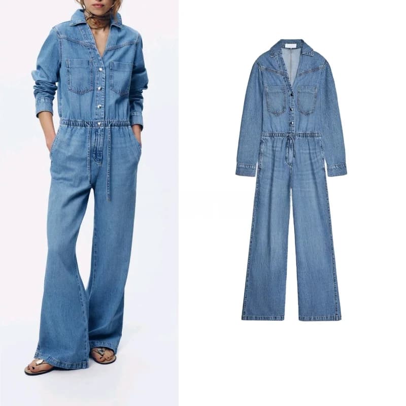 Nuovi pantaloni lunghi estivi da donna in denim a gamba larga con colletto e dettagli a tasche, vita regolabile, vita alta, in poliestere