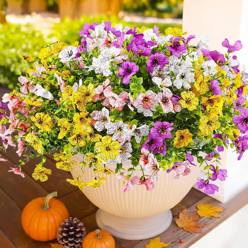 12 Mazzi di Fiori Artificiali per Decorazione Esterna, Piante Finte Realistiche in Plastica per Portico, Patio e Balcone