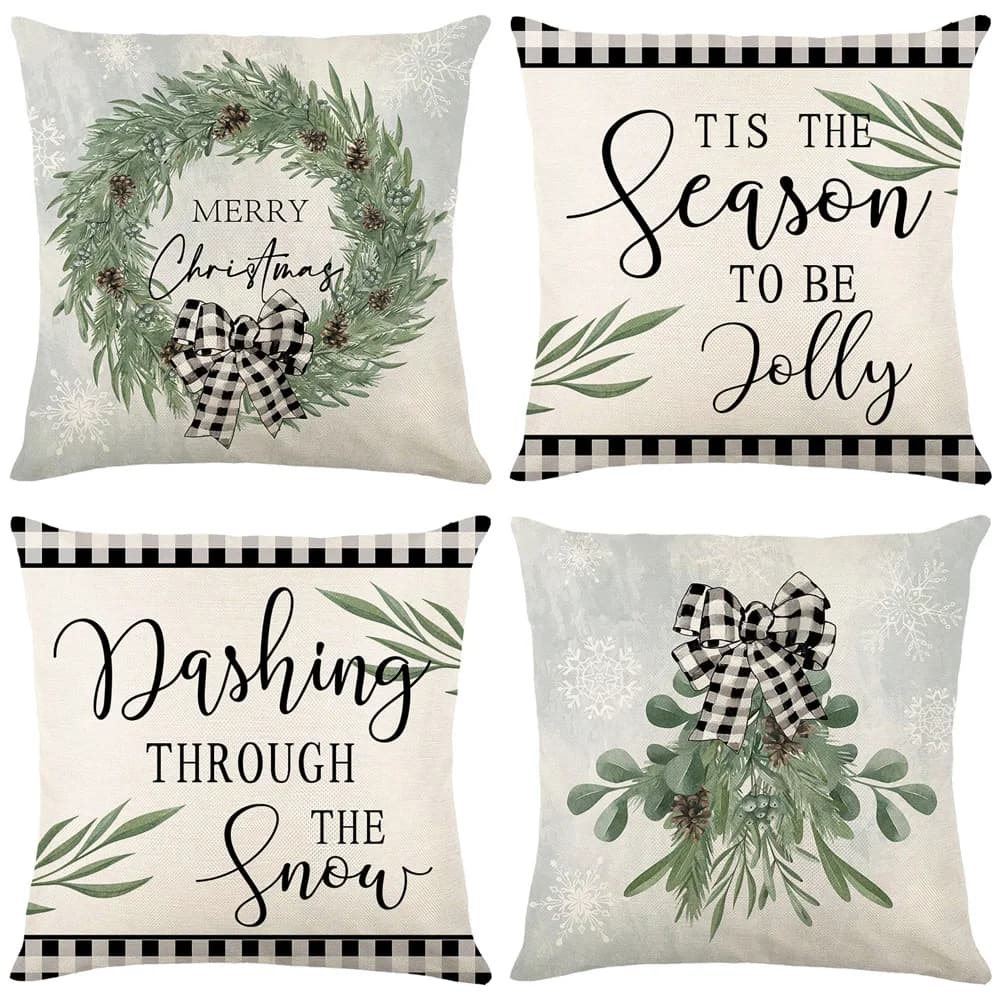 45x45 cm Federa Di Natale Inverno Verde Corona Bowknot Lettera Federa In Lino Ornamenti Capodanno 2026 Divano Auto Fodere Per Cuscini