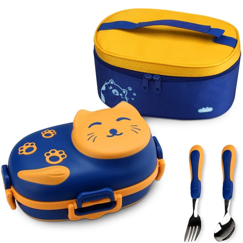 Scatola da pranzo portatile in acciaio inossidabile 304 per bambini studente cartone animato gatto contenitore per alimenti termico viaggio Picnic Bento Box Set di stoviglie