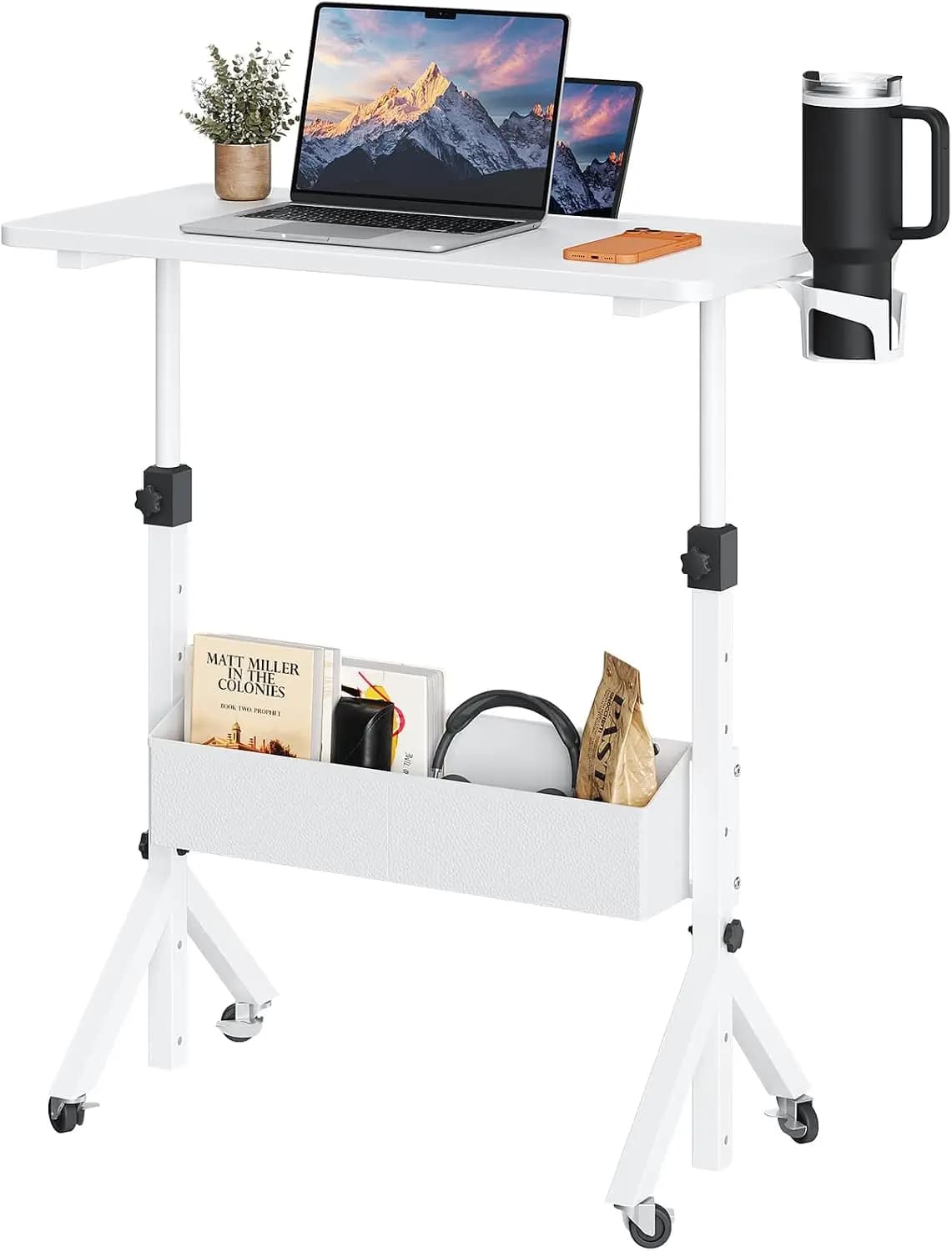 Mobile Standing Desk with Wheels, Adjustable Height 28.3″–46.3″, Rolling Laptop Cart with Cup Holder, Storage Basket & Pen Slot, Fits Treadmills