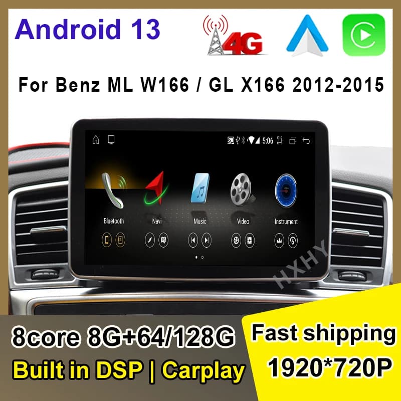 Lettore schermo per auto Android 13 per Benz ML W166/GL X166 2012-2015 GPS Navi Multimedia Stereo 8 + 128 GB di RAM WIFI Google Carplay