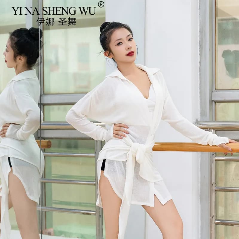 Loose Latin Dance Clothes Women White Black Long Sleeve Loose Shirt Skirt Training Clothes Latin Dance Cha Cha Samba Costume