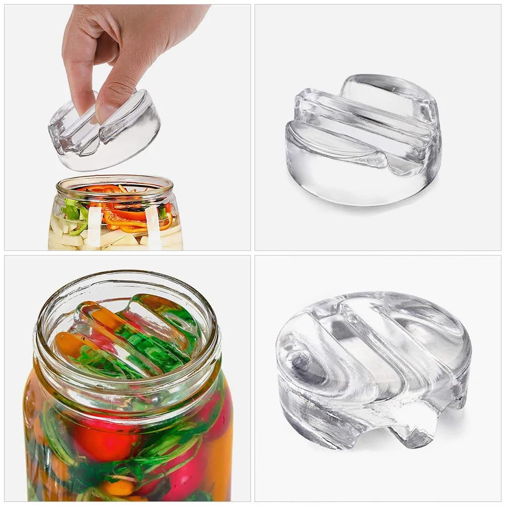 Heavy glass weights for fermentation with easy grip cover for kimchi jars, pickles and cabbage juices.