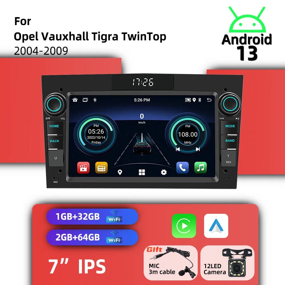 Autoradio Wireless Carplay 2Din Android con GPS, Navigazione e Multimedia 7\" per Opel Vauxhall Tigra TwinTop 2004-2009