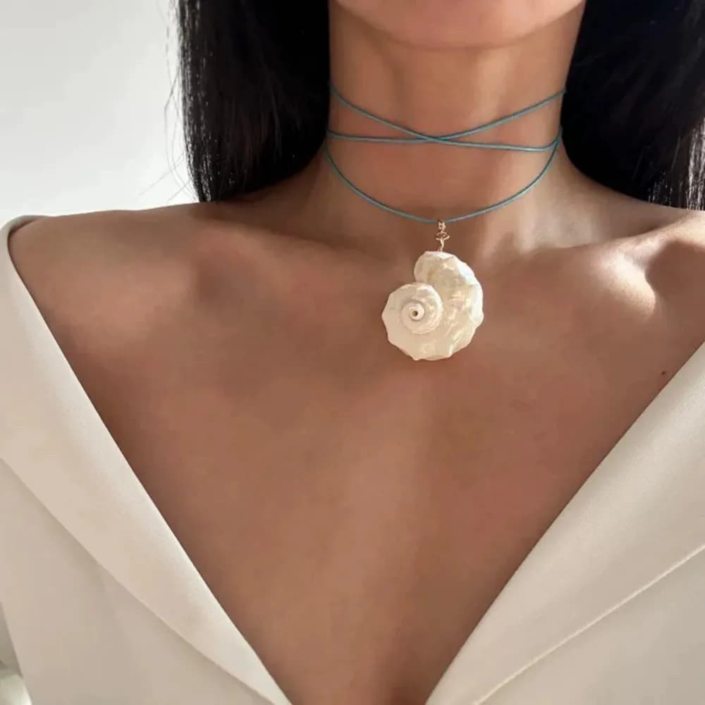 Exaggerated Natural Shell Collarbone Chain Blue White Rope Charm Necklace for Women Y2K Summer Beach Vacation Charms Jewelry