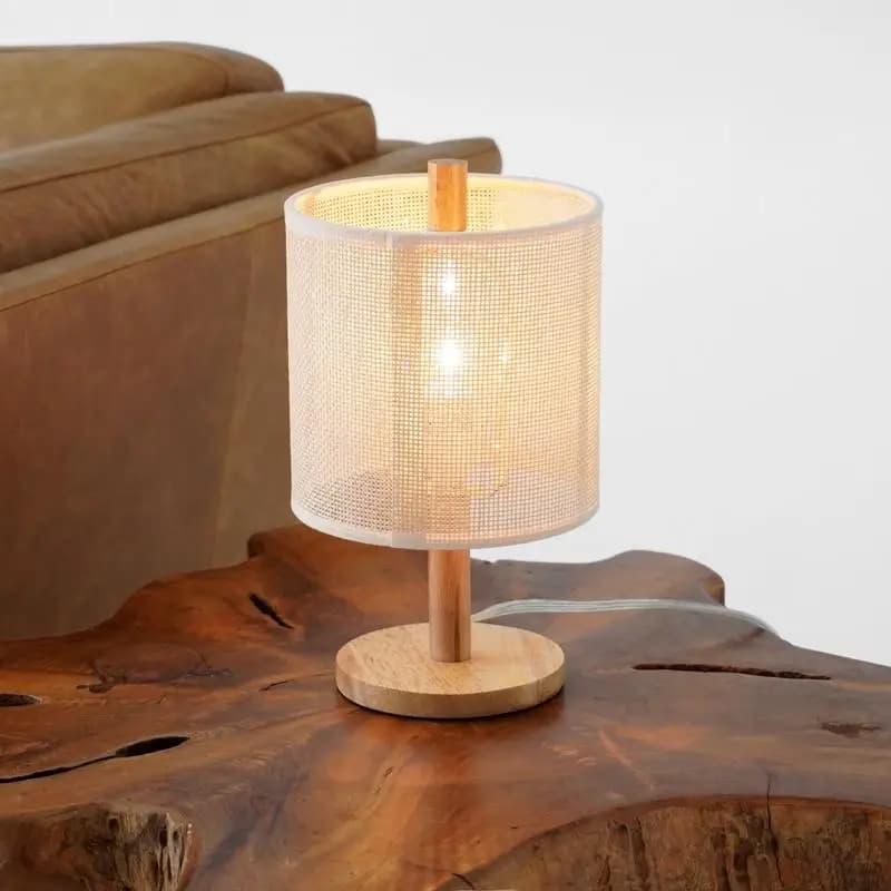 Lampada da tavolo con base in legno di quercia naturale con paralume in lino, tessuto in rattan 110-120 V, lampada da tavolo per camera da letto, soggiorno, studio,