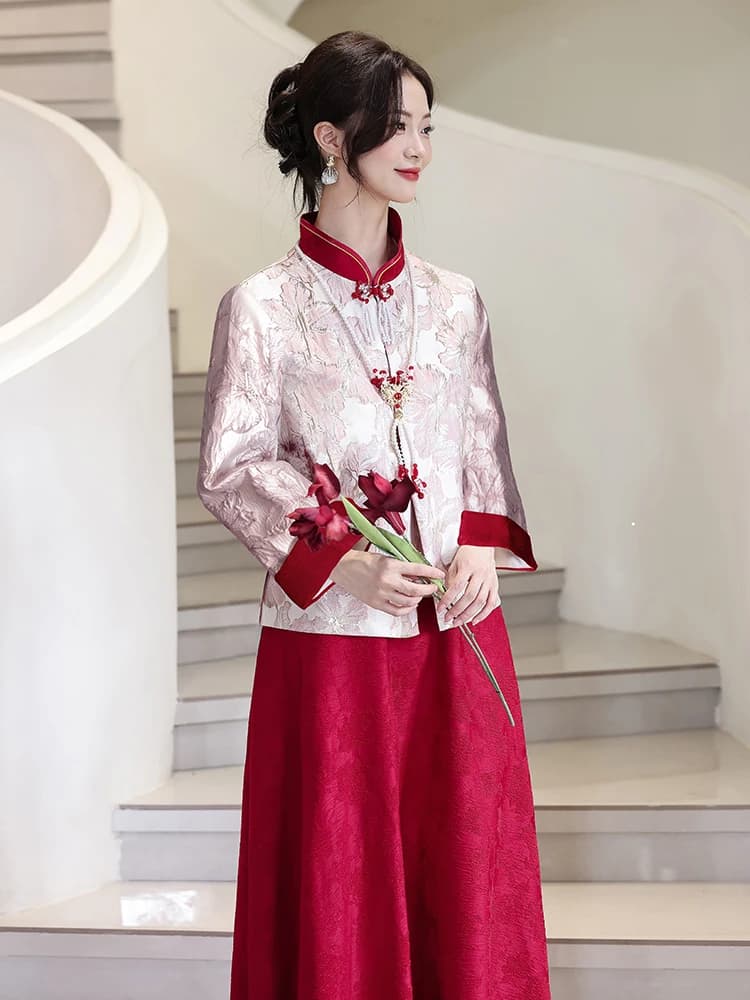 Abito da Sera Rosso Stile Cinese per Donne in Gravidanza, Vestito da Sposa a Maniche Lunghe, Abbigliamento Premaman con Gonna a Vita Alta e Linea ad A
