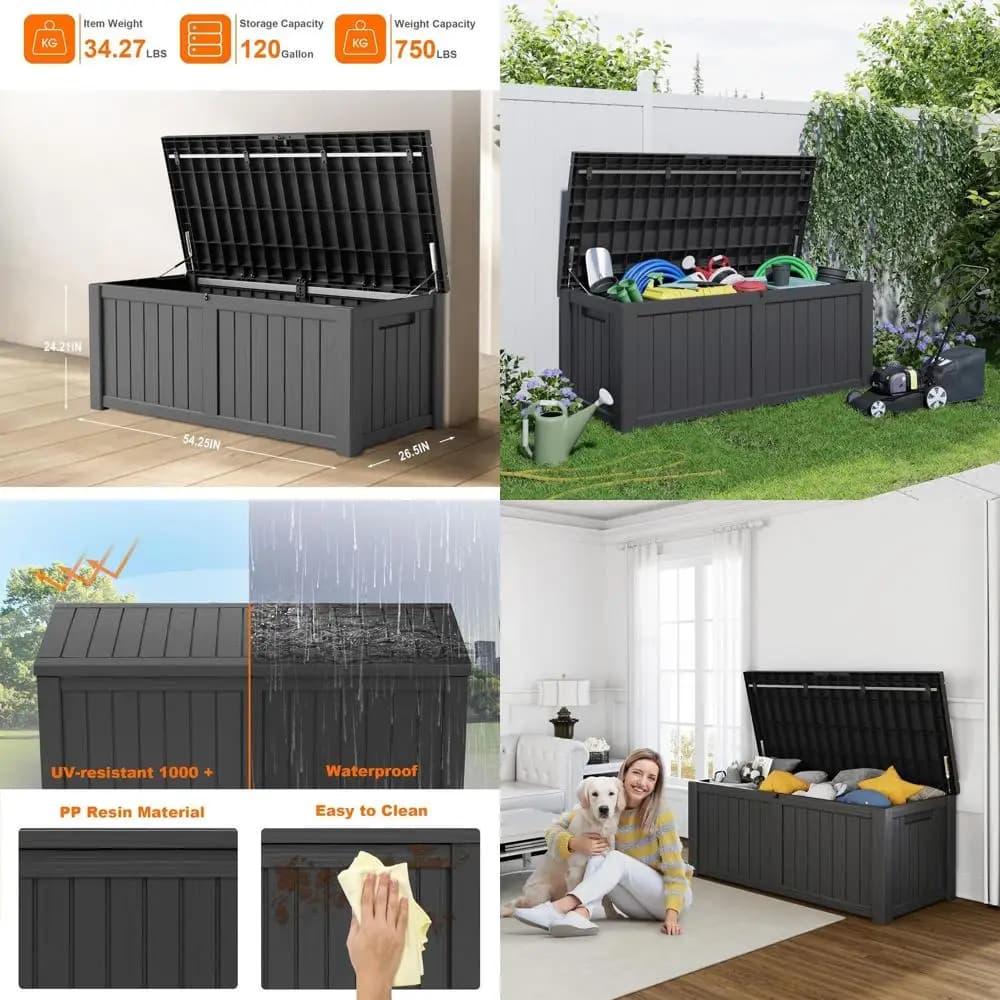 120 Gallon Resin Exterior Box, Container Lockable for Patio, Garden and Tools, Waterproof