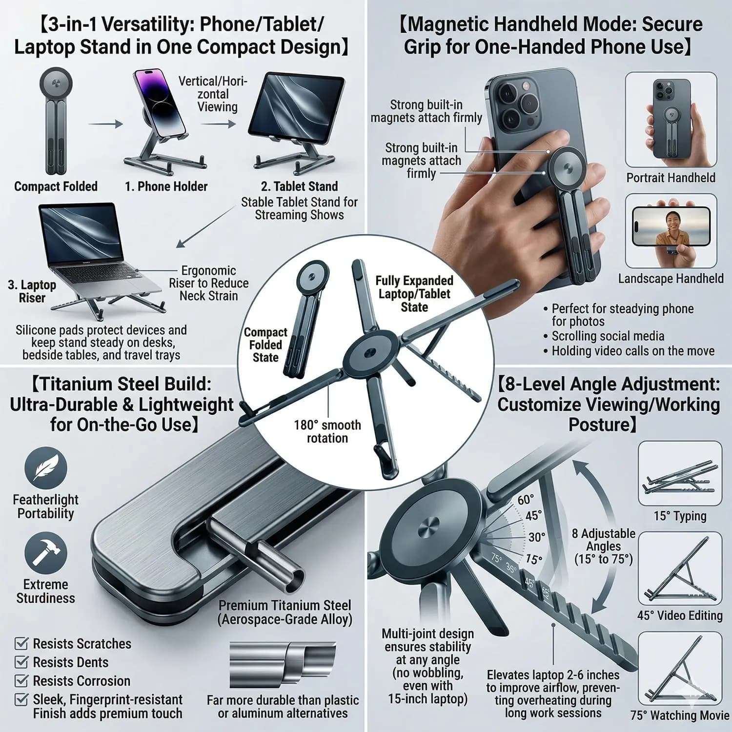 Supporto Magnetico Portatile per Telefono e Asta Selfie 3-in-1, Treppiede Pieghevole per iPhone, iPad, Tablet, Supporto da Tavolo Regolabile