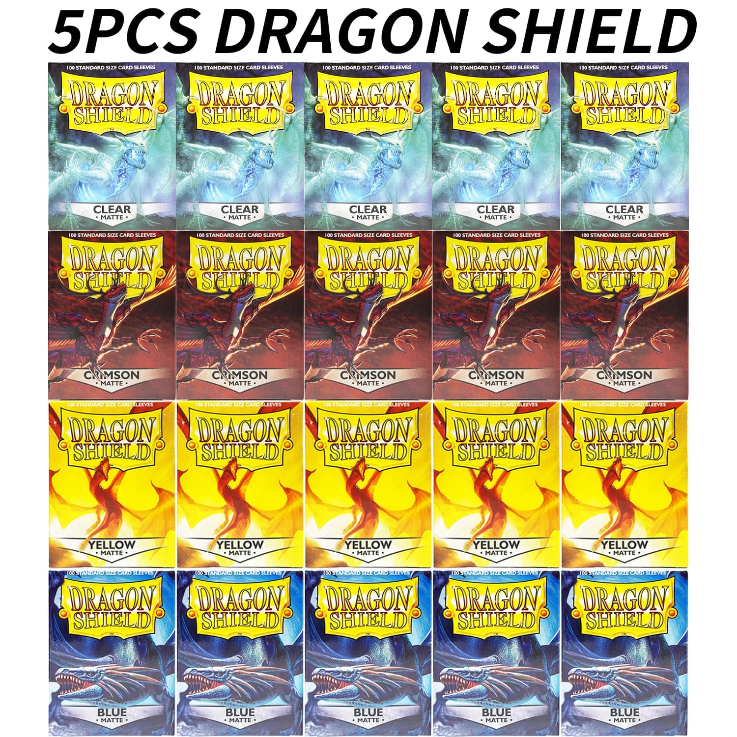 5 Confezioni da 100 Pezzi/Scatola 66x91MM Dragon Shield Bustine Protettive Colorate Opache per Carte da Gioco Trasparenti/Carmiciano/Gialle/Blu Bustine Protettive per Carte Formato Standard