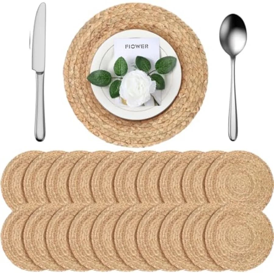Set di Sottopiatti Rotondi in Paglia Intrecciata Naturale da 11,8 Pollici, Stile Rustico, in Giacinto d'Acqua