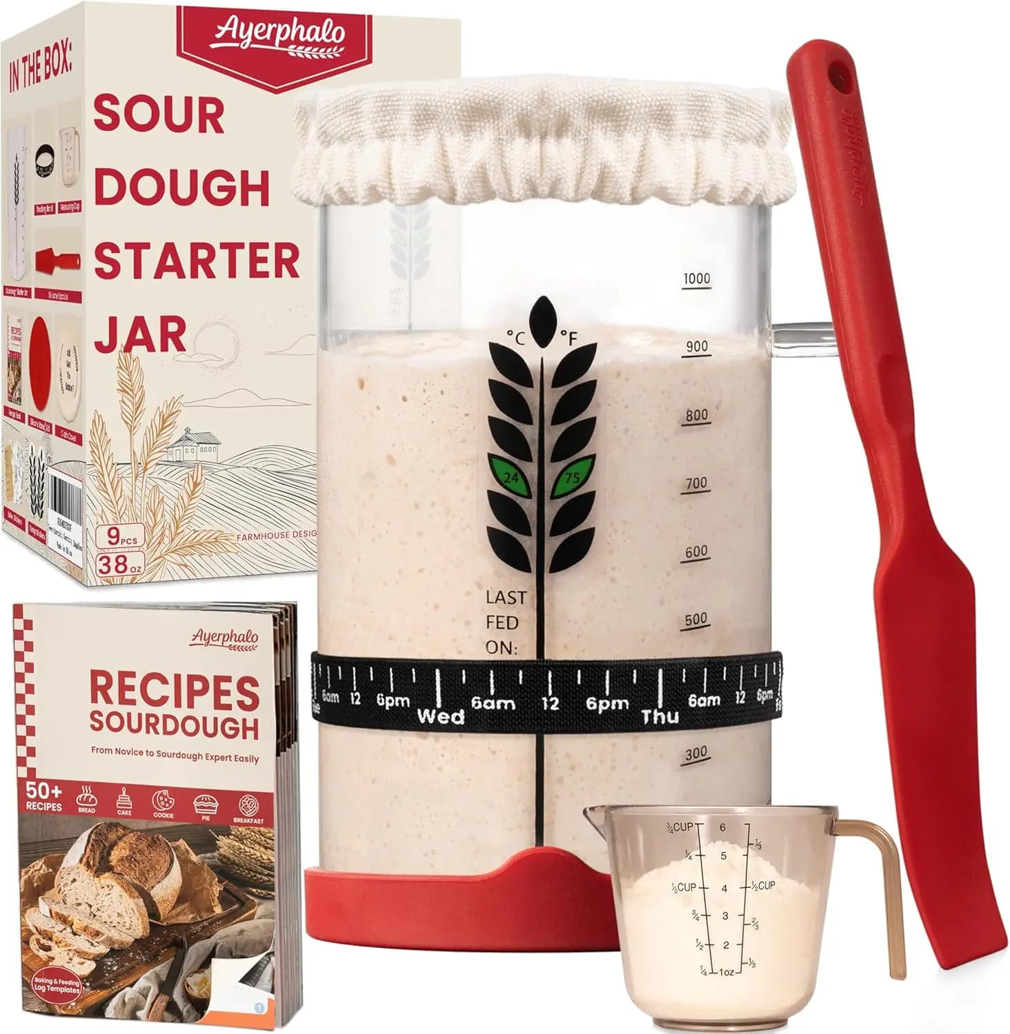 Kit per la preparazione della lievitazione naturale con libro di ricette, misurino, spatola, coperchio per barattolo, termometro, fascia per l'alimentazione e barattolo in vetro per la panificazione