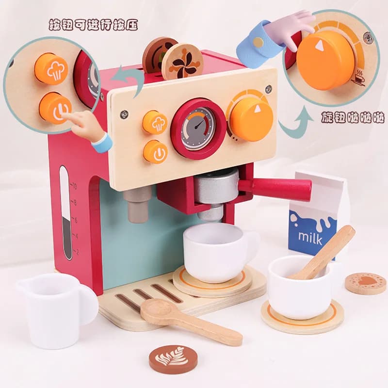 Set Gioco Macchina del Caffè in Legno per Bambini, Giocattolo Elettrodomestico da Cucina per Gioco di Ruolo, Accessorio Interattivo per Ragazzi e Ragazze