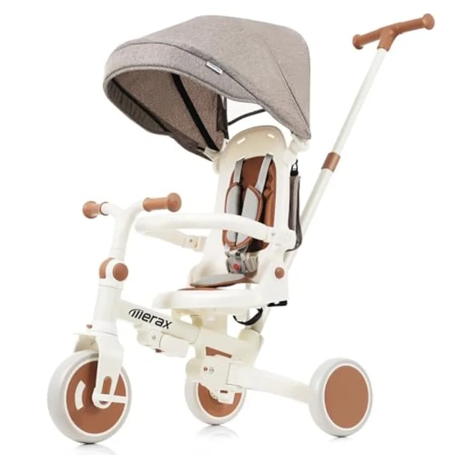 Triciclo Passeggino 7-in-1 per Tutti i Terreni, Pieghevole, con Manico Regolabile per Bambini
