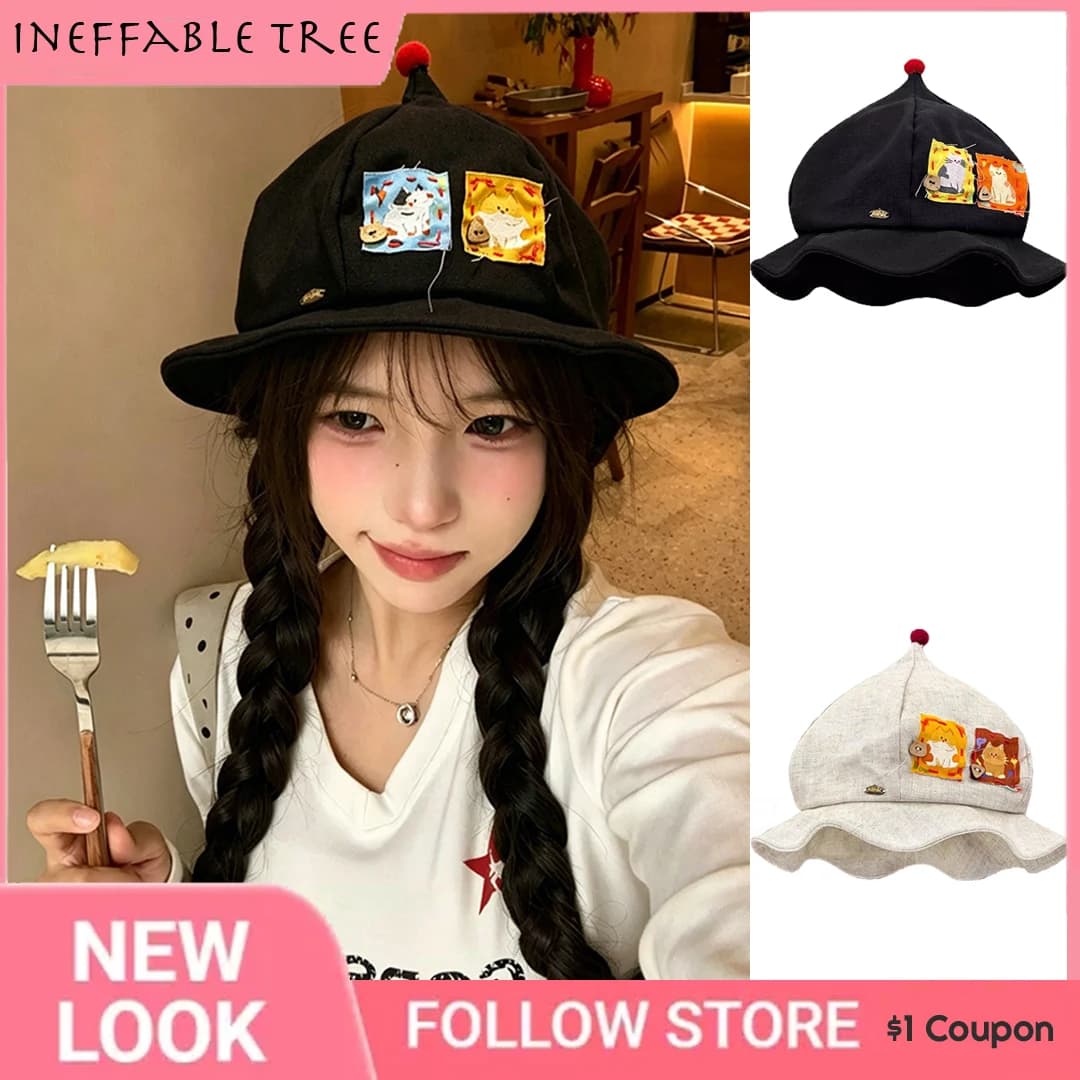Cute Cartoon Cat Linen Cotton Patch Pumpkin Bucket Hats for Women Spring Summer Travel Sunscreen Octagonal Witch Basin Cap Bob