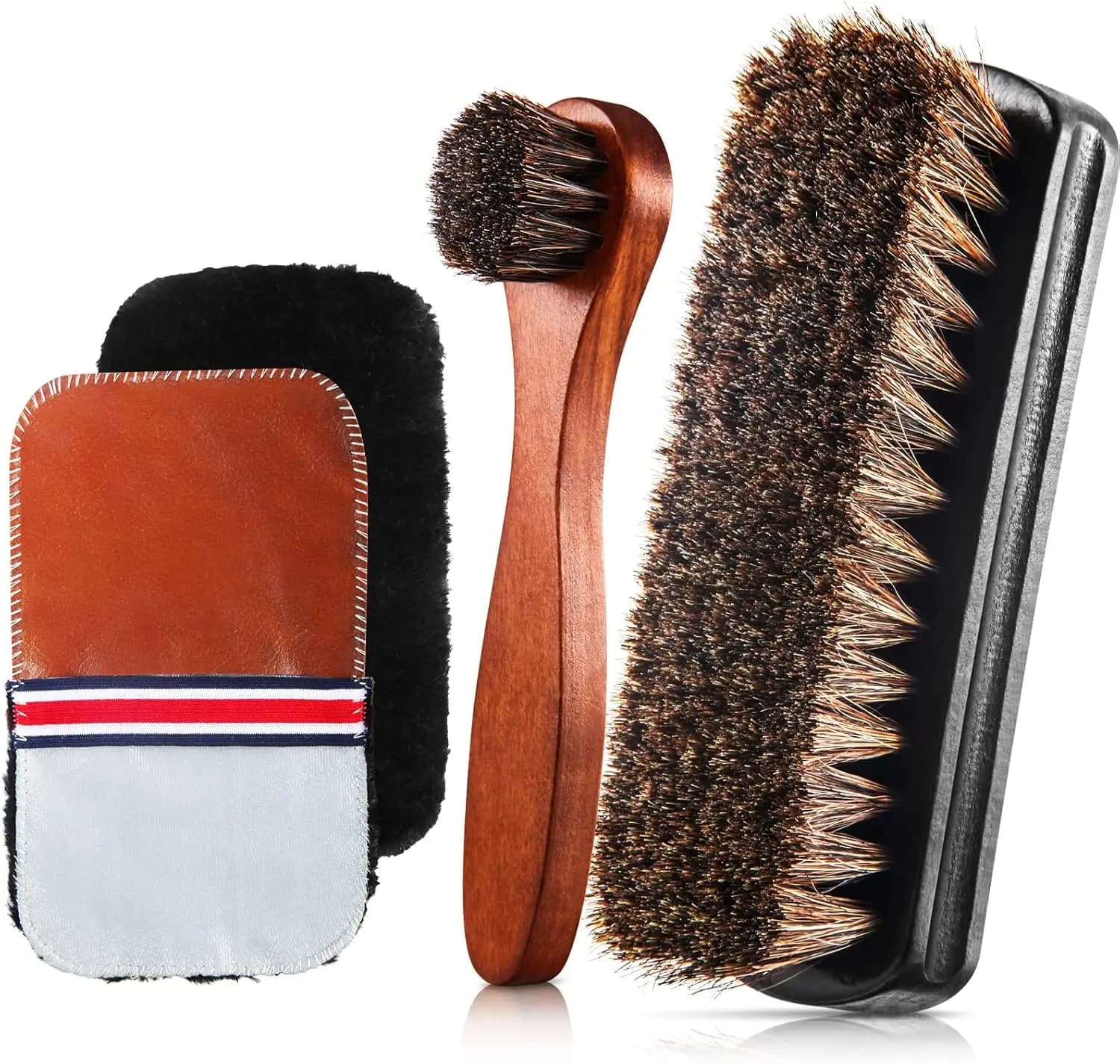 Kit di 4 Spazzole in Crine di Cavallo per Lucidatura Scarpe con Applicatori per Cura e Pulizia di Stivali in Pelle