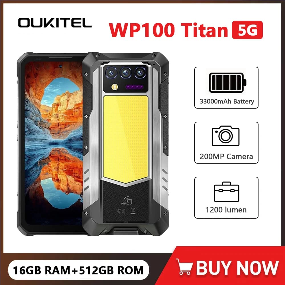 NUOVO Oukitel WP100 Titan Telefono Rugged 33000mAh Caricatore 66W Fotocamera 200MP Proiettore Integrato Luce da Campeggio 12GB+512GB Cellulare NFC