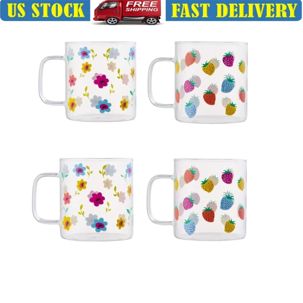 Set di tazze in vetro floreale con fragole, graziose tazze pasquali, bevande calde e fredde perfette, centrotavola per feste, regali da 10 once, confezione da 4
