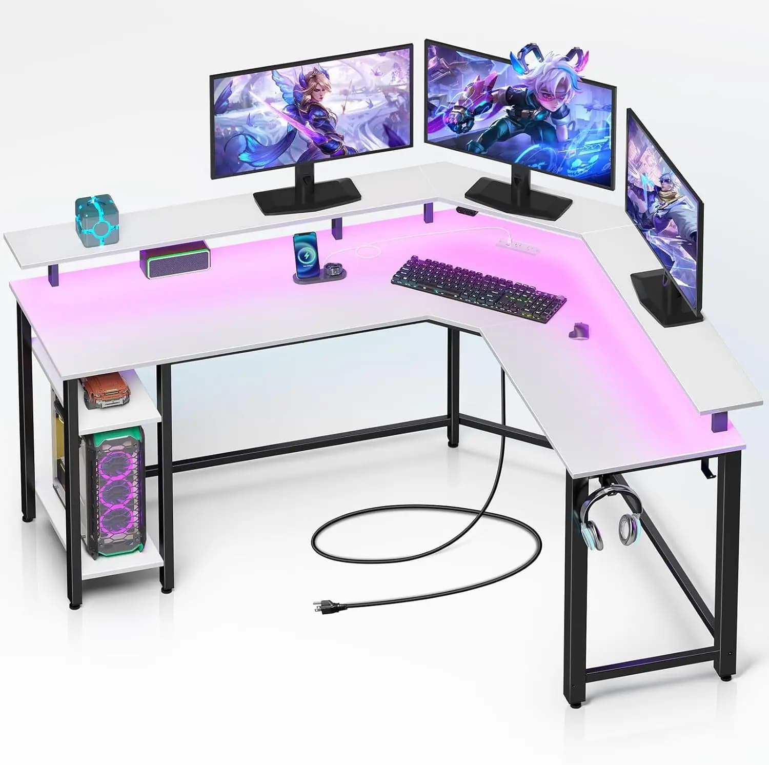 L Gaming desk with LED lights, Current sockets, Monitor support and Storage shelf, White Reversible Corner Desk