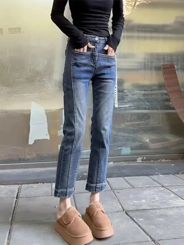 Elastic Straight Leg Jeans Women's Spring Autumn New Style Slimming Nine Tube Pants Flared Knife for plus Size