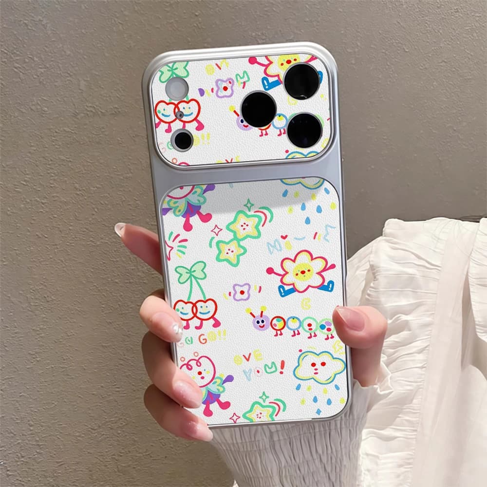 Soft Cute Colored Graffiti Matte Leather Plating Phone Case For iPhone 17 Pro Max 17 Air 17E 15 14 13 11 12 16 Pro X XS XR Cover