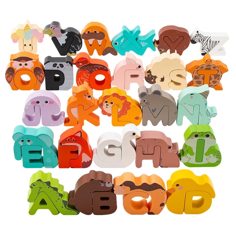 26Pcs Wooden Animal Alphabet Blocks, A-Z Letter Stacking Building Toy Set, Educational Learning Game for Kids, Birthday Christma