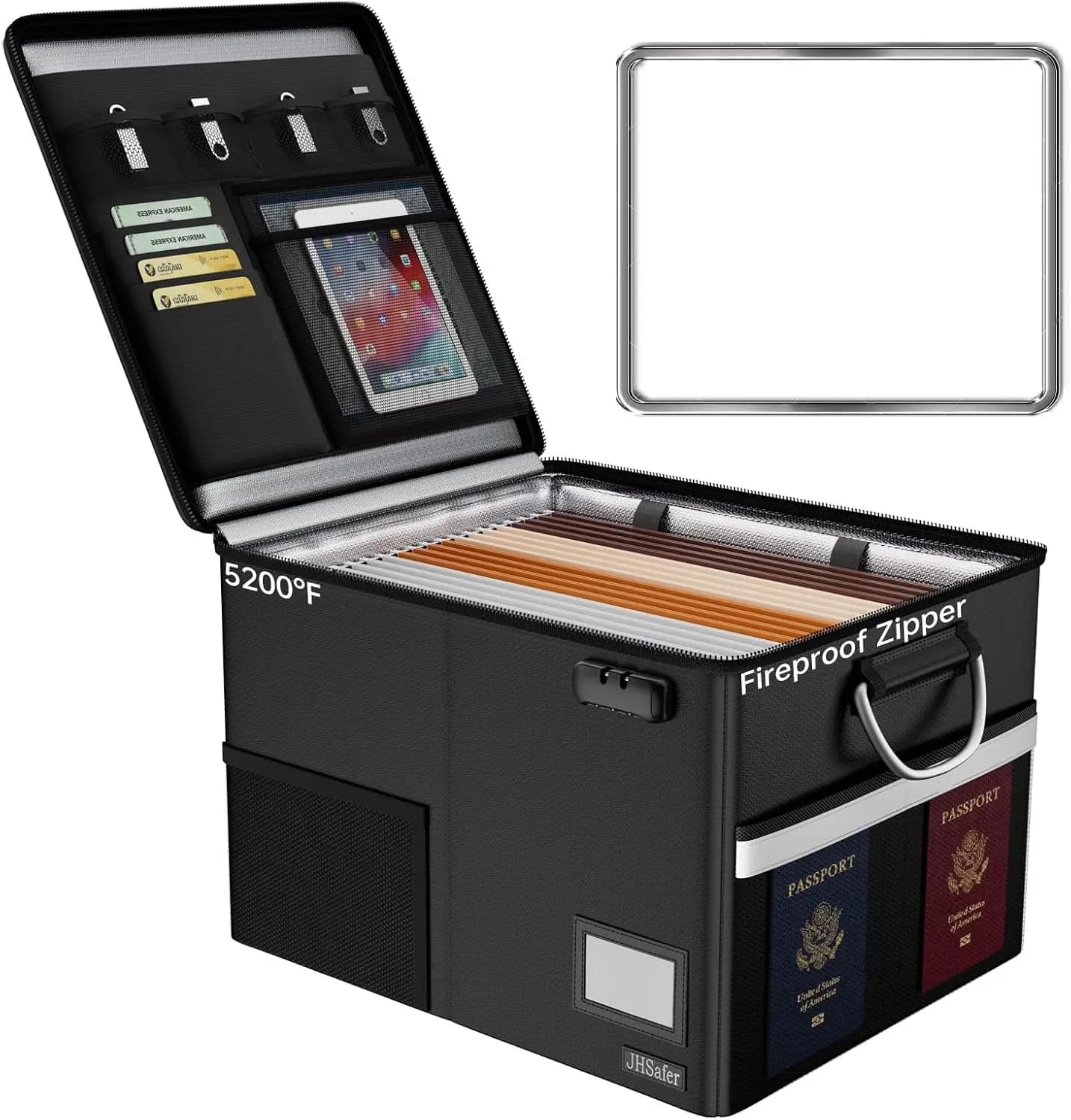 Scatola Portadocumenti Ignifuga con Serratura, Organizzatore di File Impermeabile, Armadietto Portatile Pieghevole per Cartelle Formato Letter/Legale, Nero