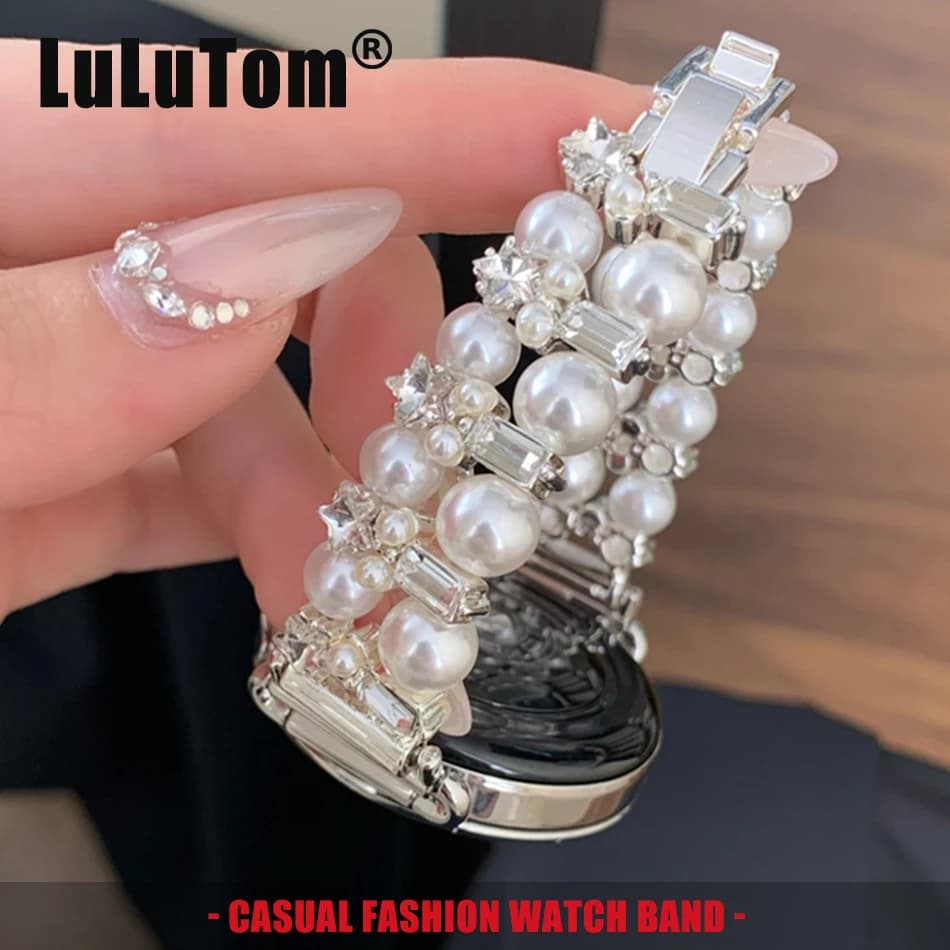 Cinturino da 18/20/22mm per Samsung Galaxy Watch 8 Ultra 7 6 5 Pro 4 Classic Amazfit Bip, Bracciale Doppio con Perle, Stelle e Diamanti