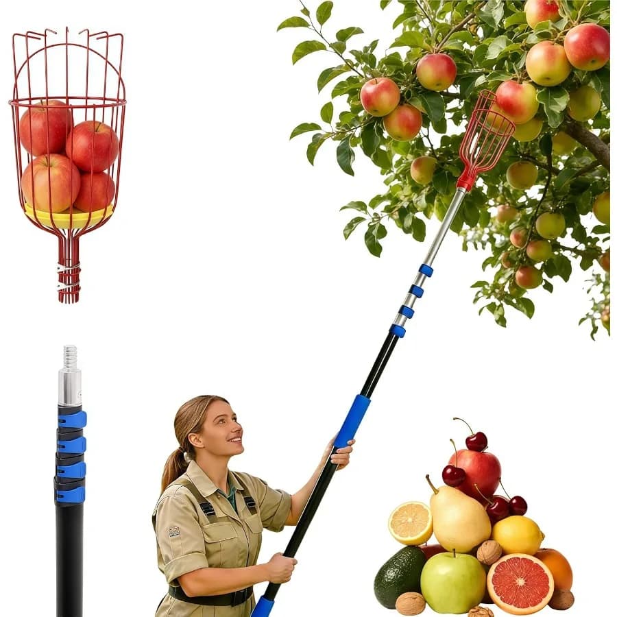 26FT Extendable Aluminum Fruit Picker Pole with Basket for Apples Avocados Figs Mangoes Citrus - Telescoping 5-20FT Adjustable