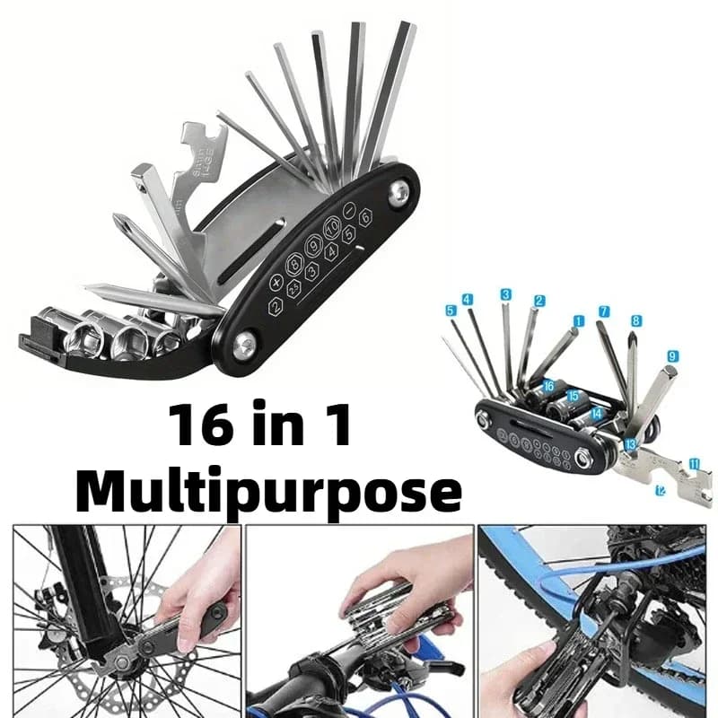 Kit di Riparazione Bici Portatile, Set Attrezzi Riparazione Biciclette con Pompa, Patch per Pneumatici, Chiave Multifunzione e Accessori